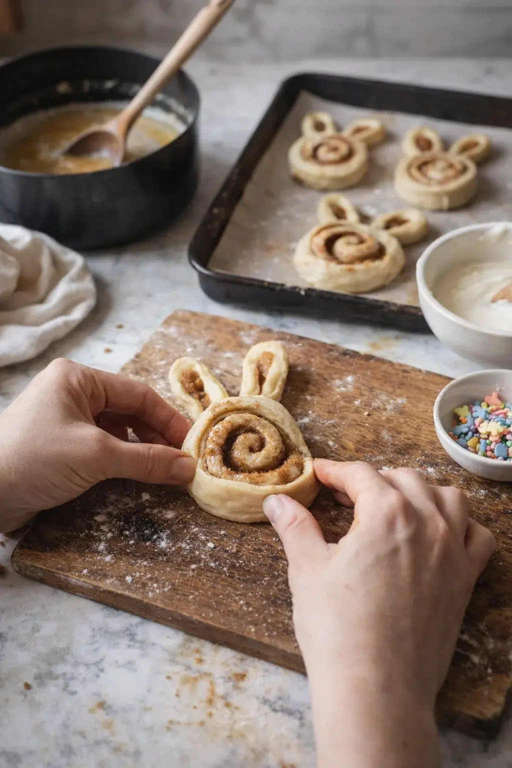 hands shaping a cinnamon swirl pastry on a wooden cutting board with a baking tray of swirls in background