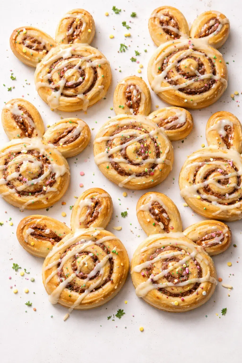 Golden cinnamon rolls shaped like Mickey ears with icing drizzle on a white background