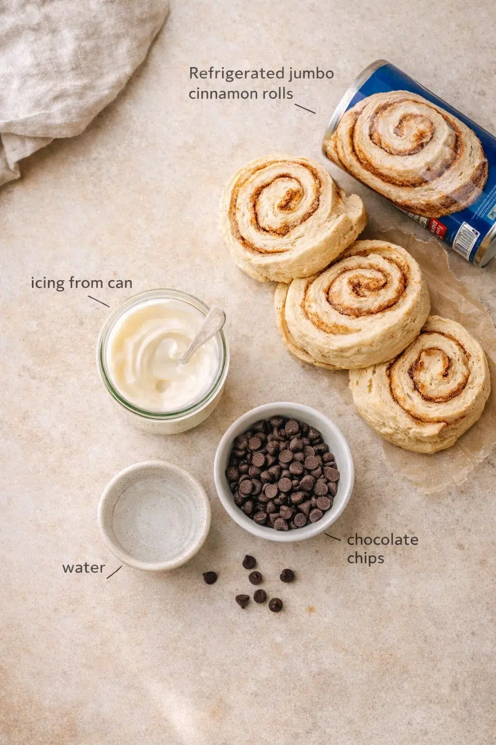 overhead view of cinnamon rolls with icing, chocolate chips, and water on a beige countertop