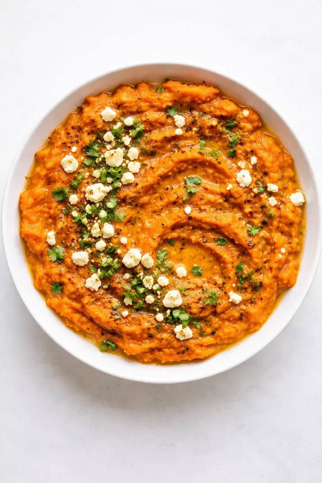 Creamy orange carrot hummus in a white bowl topped with feta crumbles and parsley