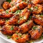 crispy parmesan-topped roasted potato wedges in a white bowl, sprinkled with parsley