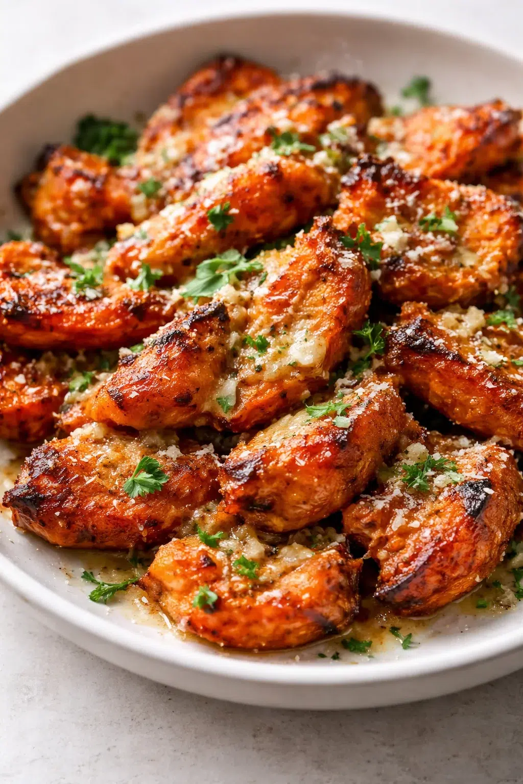 crispy parmesan-topped roasted potato wedges in a white bowl, sprinkled with parsley