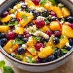 Bright fruit salad with peaches, blueberries, grapes, feta, and mint in a blue ceramic bowl.