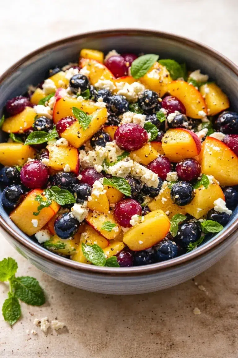Bright fruit salad with peaches, blueberries, grapes, feta, and mint in a blue ceramic bowl.