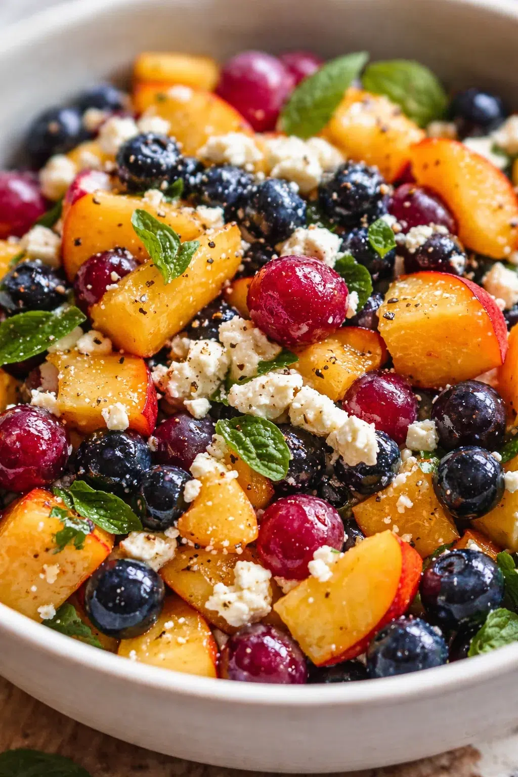colorful fruit salad with peaches, blueberries, grapes, feta, and fresh mint leaves.