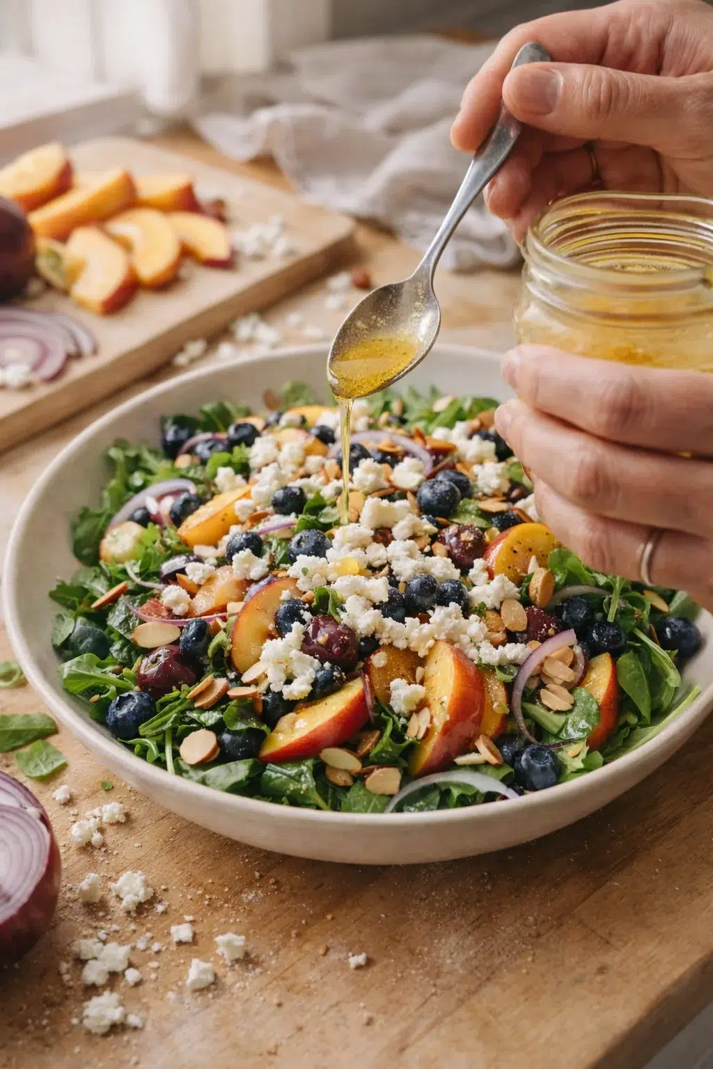 Large salad bowl with greens, peaches, blueberries, feta, and almonds, as honey is drizzled over.