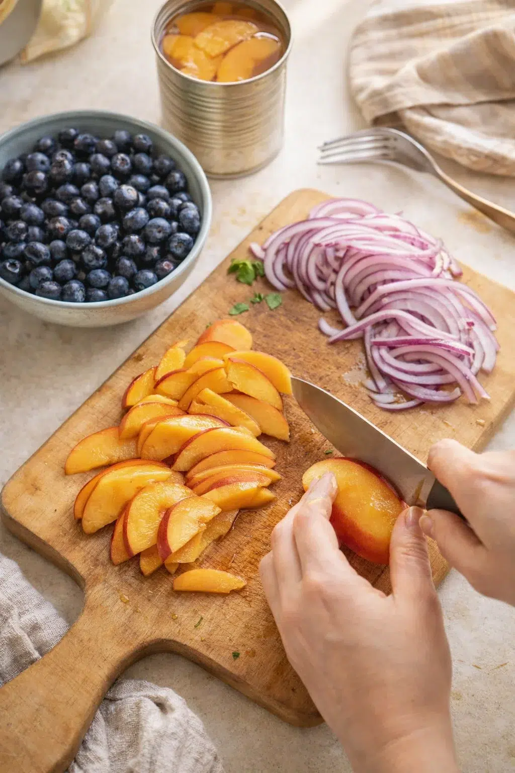 Hands slicing peaches on a wooden cutting board with sliced red onions and blueberries nearby.
