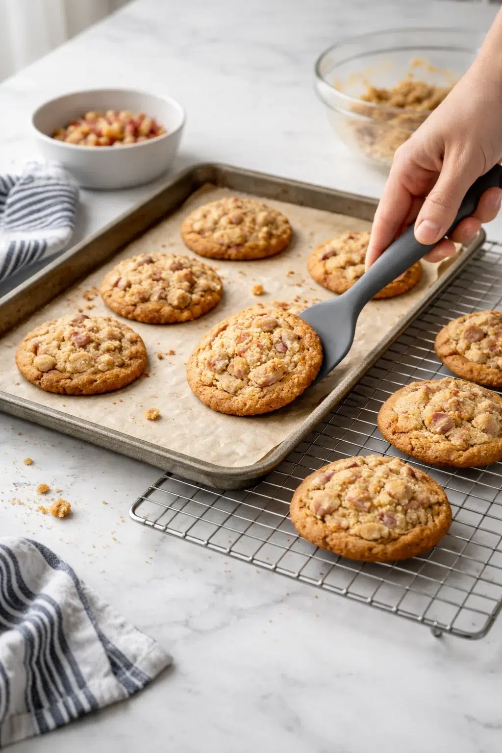 Fresh peanut-chunk cookies cooling on parchment with a hand lifting one