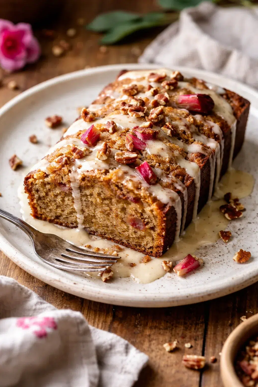 cinnamon rhubarb bread - loaf cake on a plate with white glaze, pecans, and pink rhubarb pieces