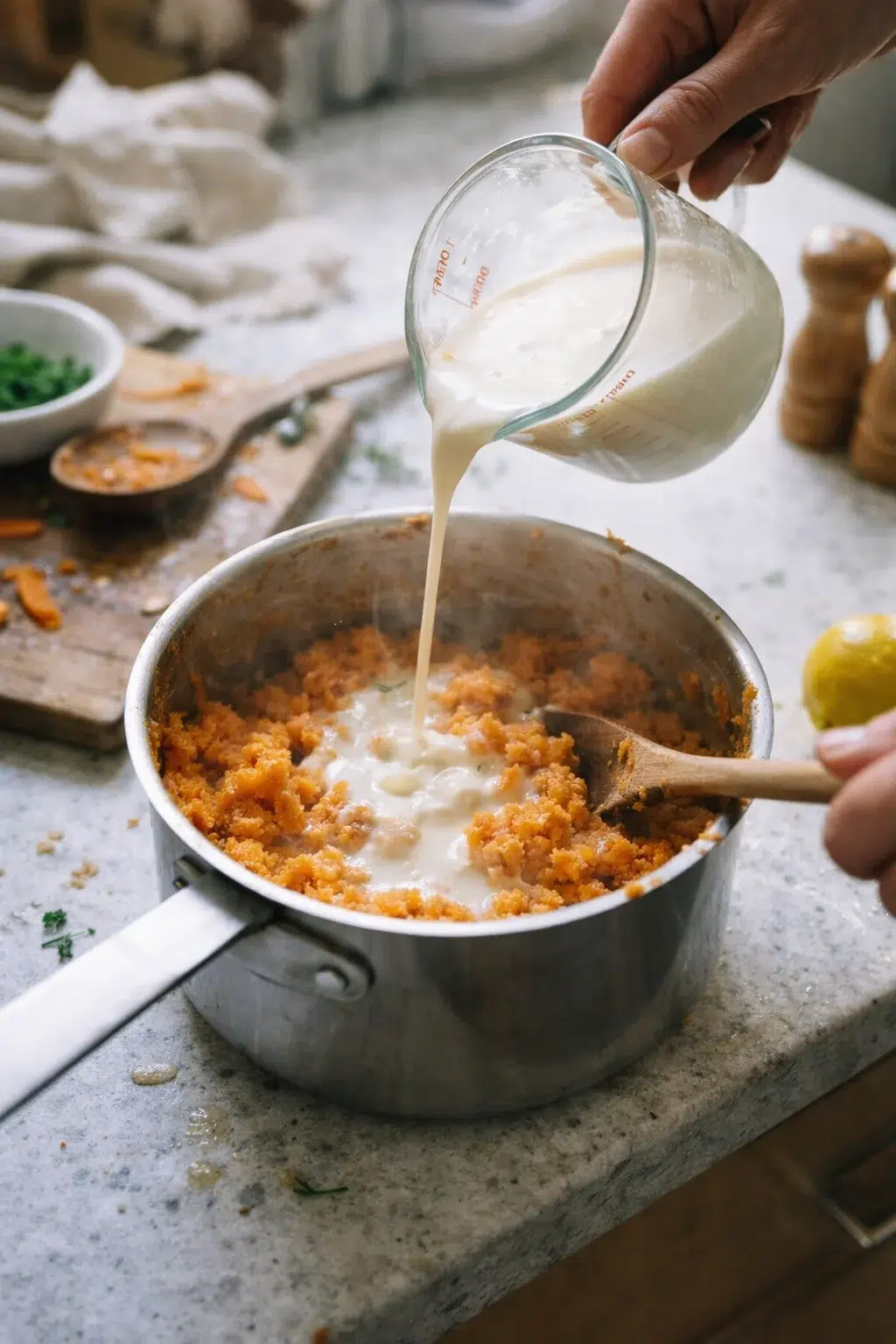 Hand pouring cream from a glass measuring cup into a pot of orange mashed vegetables on a kitchen counter.