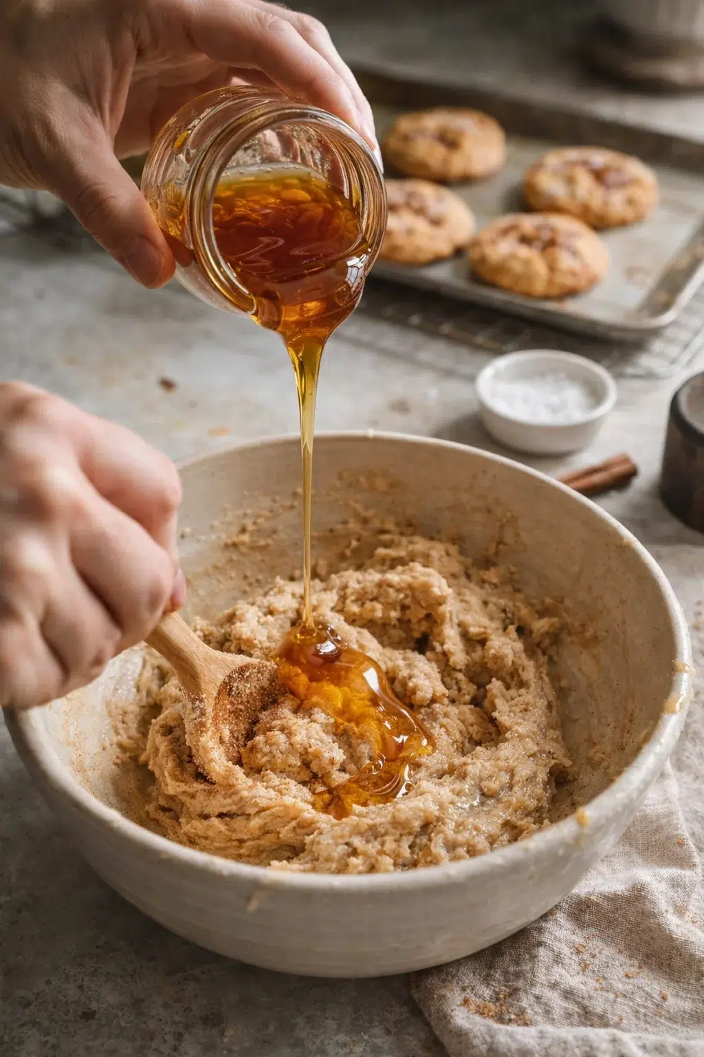 Hand pouring honey into a bowl of cookie dough; cookies on a tray in the background.