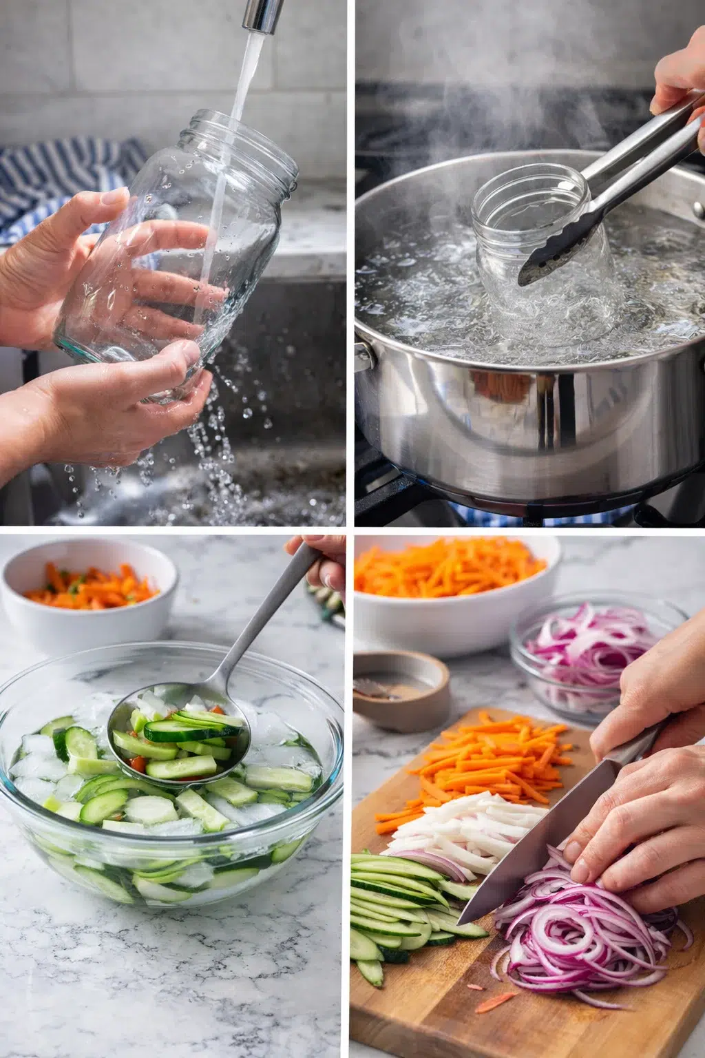 A collage of four kitchen steps: washing jars, boiling-water sterilization, cucumber ice bath, and sliced vegetables on a cutting board.