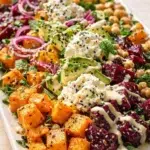 Long white platter of colorful roasted vegetables with avocado, chickpeas, beets, onion, and herbs.