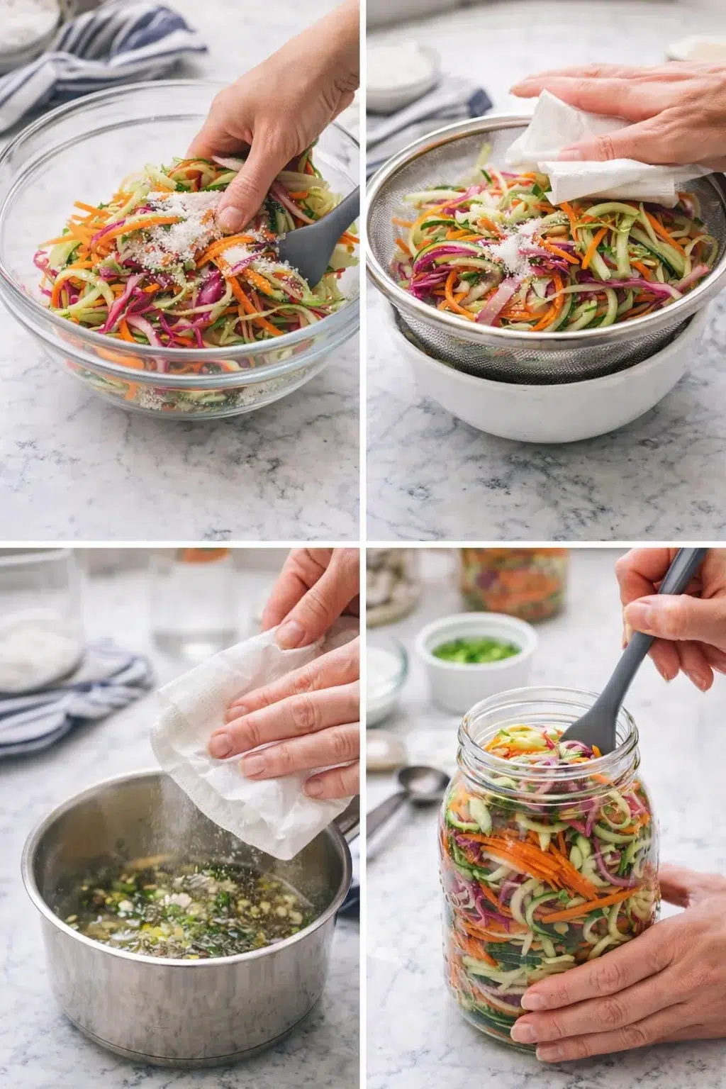Four-panel collage of rainbow vegetable slaw being mixed, drained, dried, and packed into a jar.