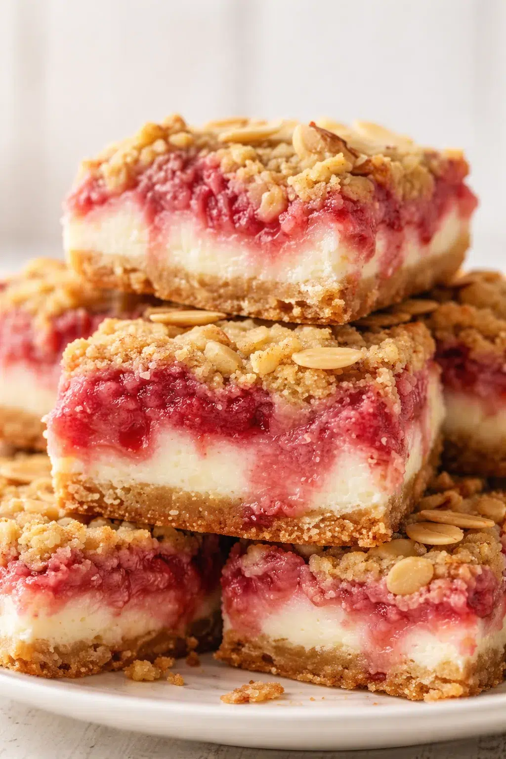 Stack of raspberry cheesecake bars with crumb topping and almond slices on a plate