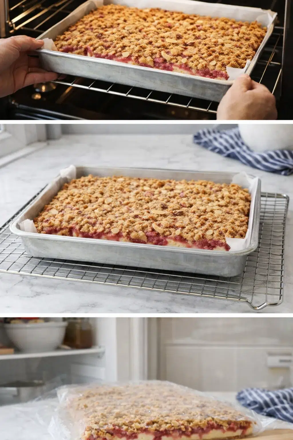 three-panel collage of raspberry crumb bars: baking in oven, cooling on rack, and wrapped for storage