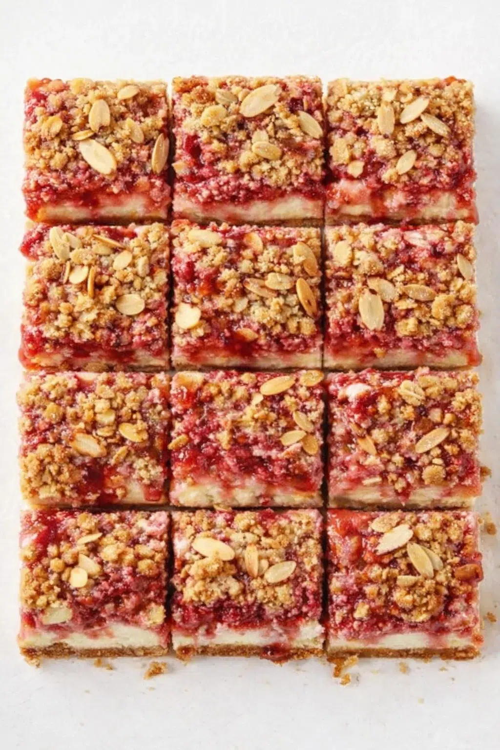 top-down view of raspberry crumble bars topped with almond slivers on parchment