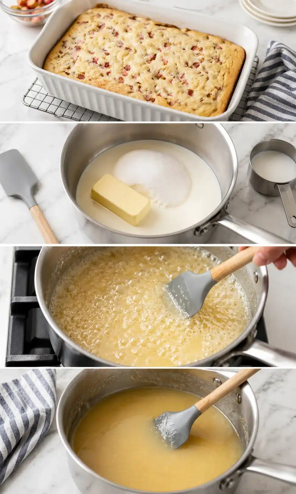 Four-panel kitchen collage: raspberry-fruit cake and step-by-step syrup preparation in a bright modern kitchen.