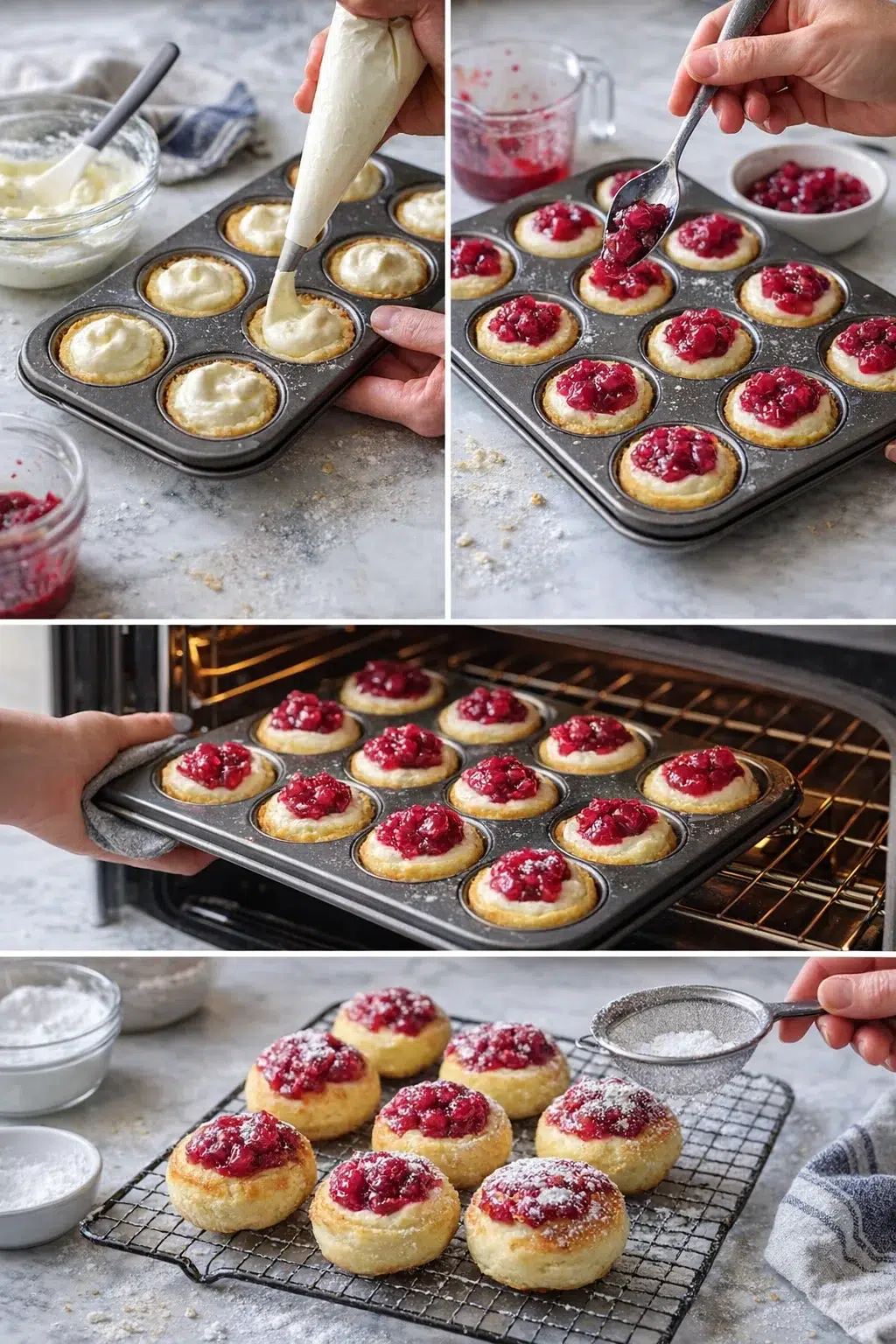 collage showing piping cream into tart shells, adding raspberry topping, baking, and cooling on a rack