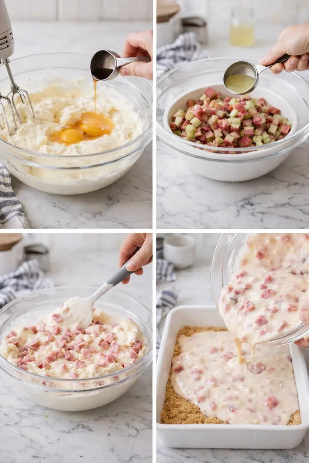 Step-by-step collage showing batter, fruit mix, and crust for cheesecake bars.