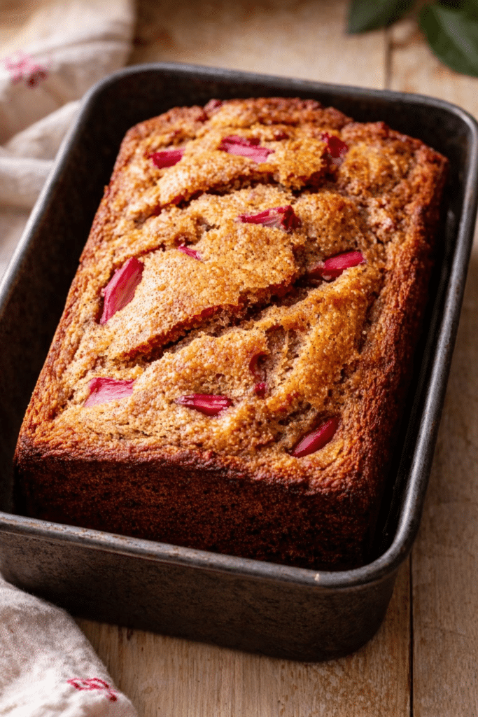 loaf pan with golden banana bread studded with pink rhubarb chunks and crumble topping
