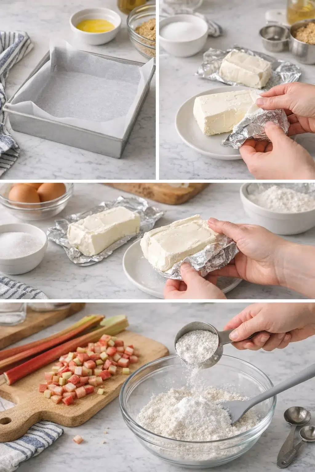 collage of kitchen steps: parchment-lined pan, butter, eggs, rhubarb, and flour on marble counter.