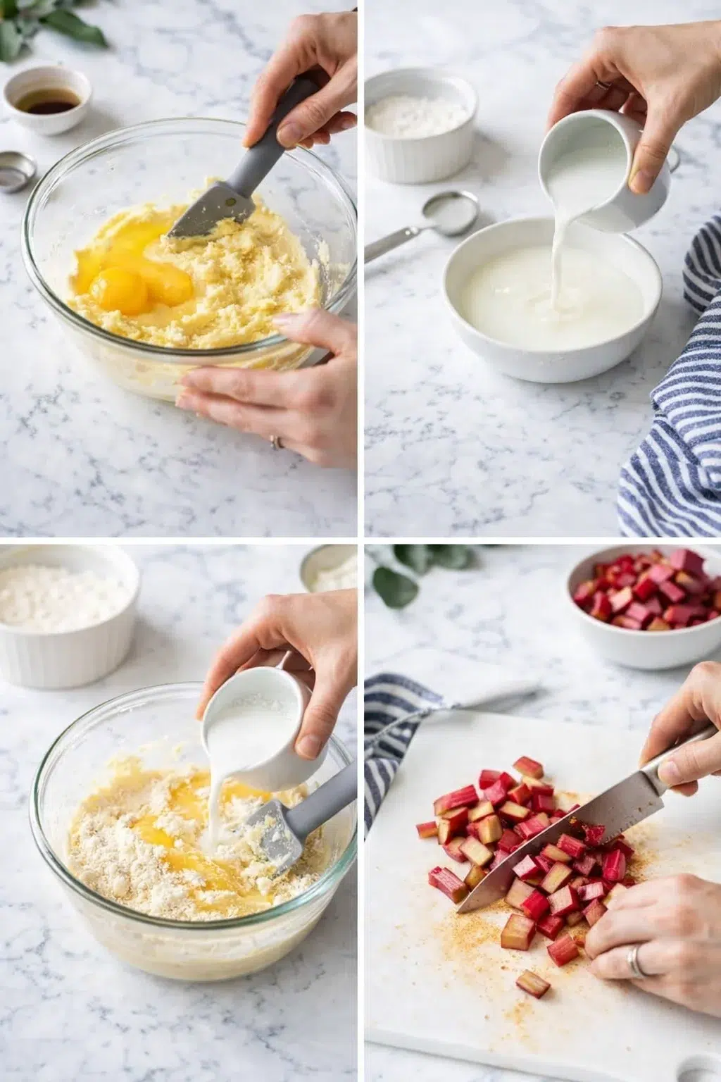 Four-panel collage showing batter mixing with eggs, milk being poured, and chopped rhubarb on a marble countertop.