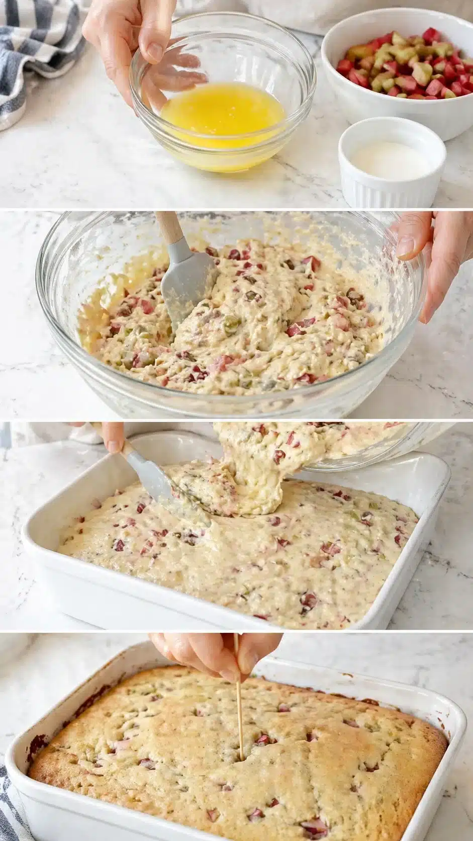 collage of rhubarb cake steps: whisking batter, folding in rhubarb, pouring into a dish, and baking