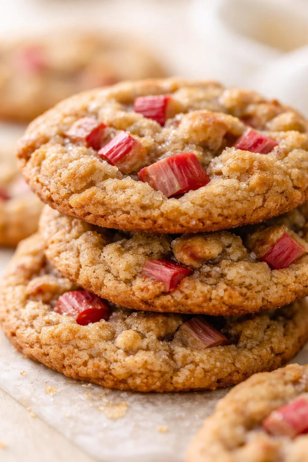 stacked rhubarb cookies with pink rhubarb pieces on parchment under warm lighting