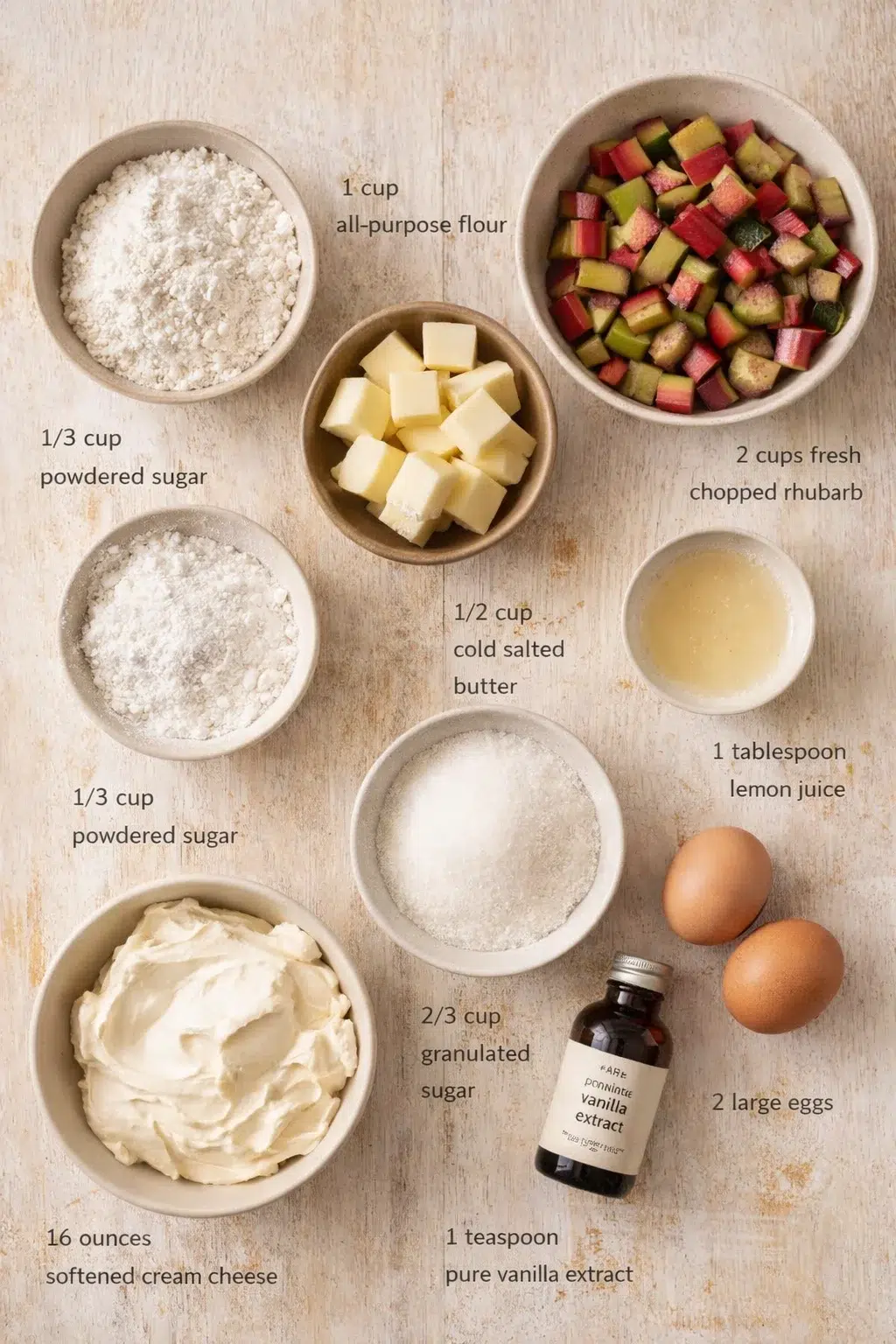 top-down view of bowls with rhubarb, butter, cream cheese, sugars, flour, eggs, vanilla, and lemon juice
