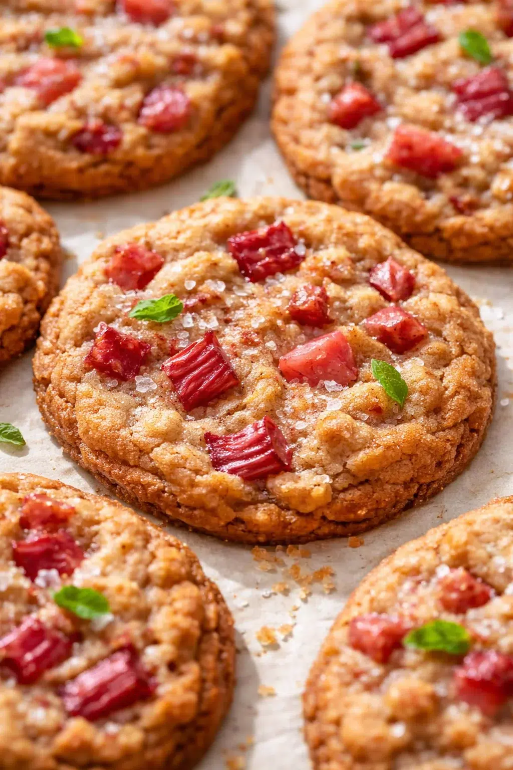 golden round cookies studded with rhubarb chunks and coarse sugar on parchment