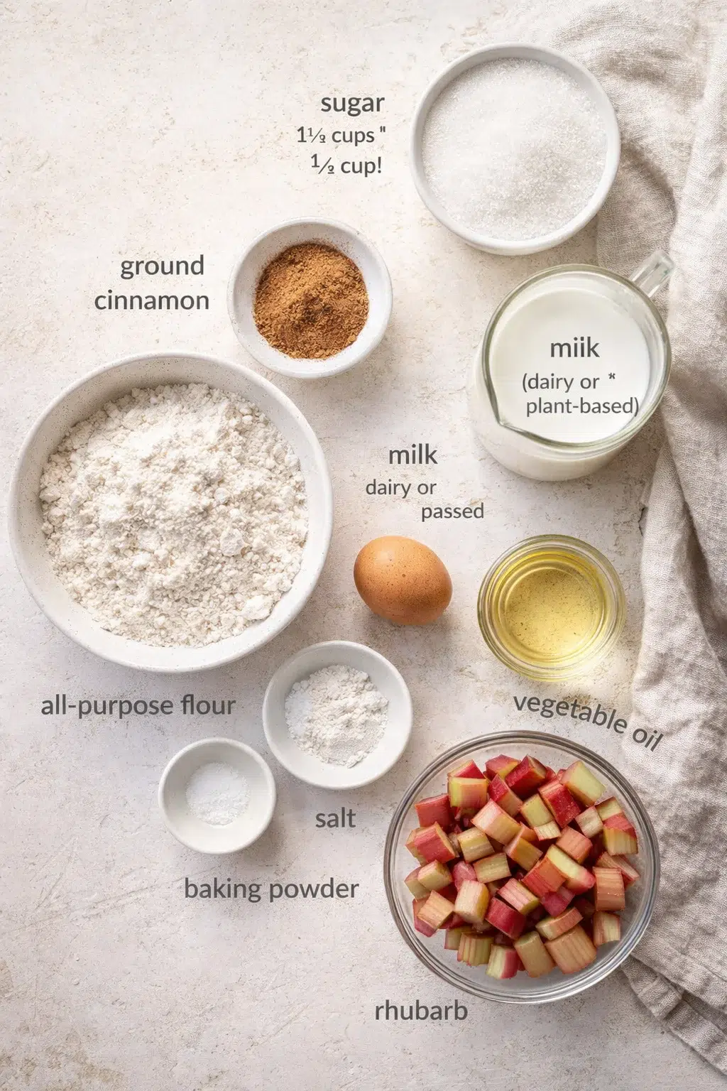 Overhead view of rhubarb dessert ingredients laid out with labeled bowls on a beige countertop.