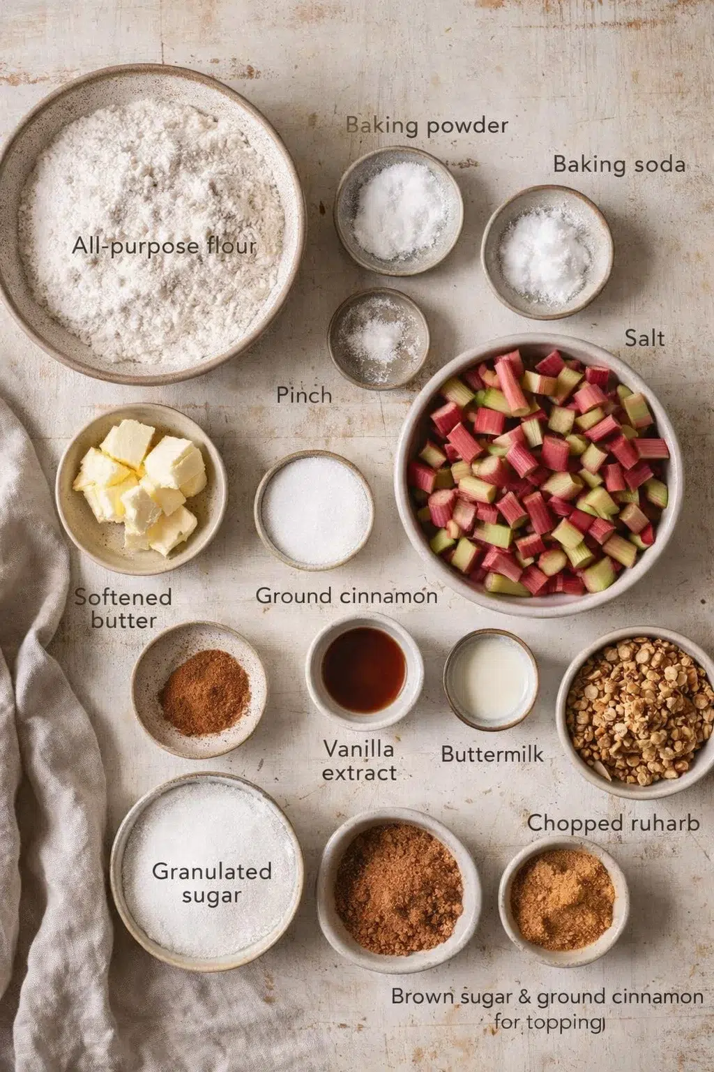 Overhead arrangement of labeled baking ingredients for rhubarb dessert on a rustic table.