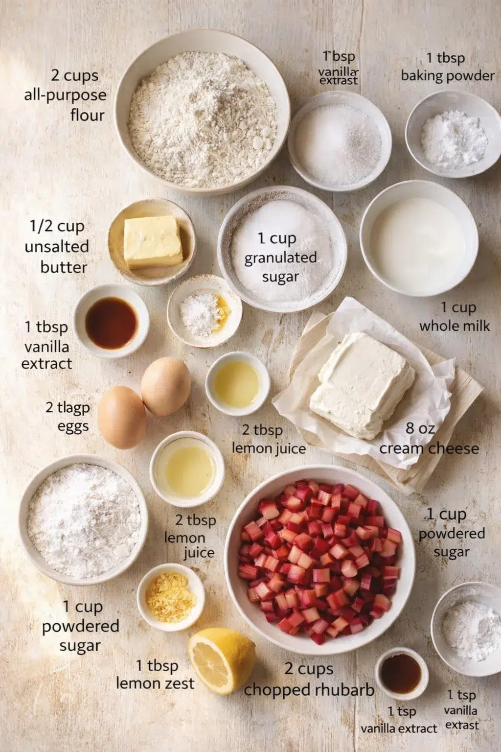 Overhead view of labeled baking ingredients for rhubarb-lemon cheesecake bars arranged on a light wooden surface