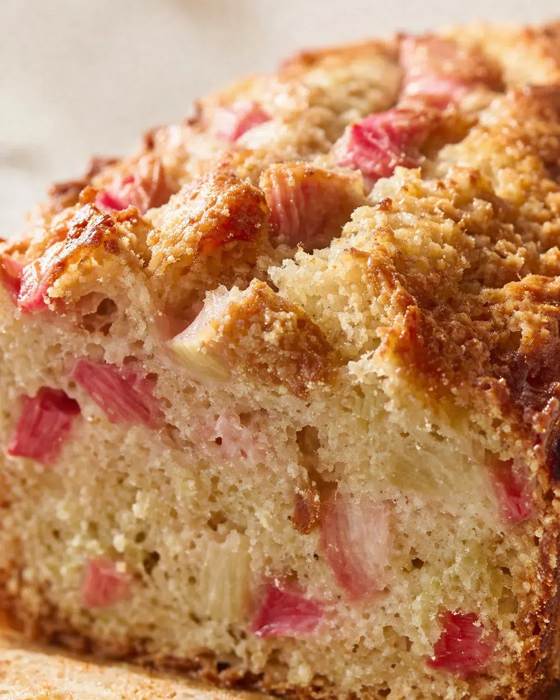 Close-up view of rhubarb-streusel coffee cake with pink rhubarb chunks and a golden crust.