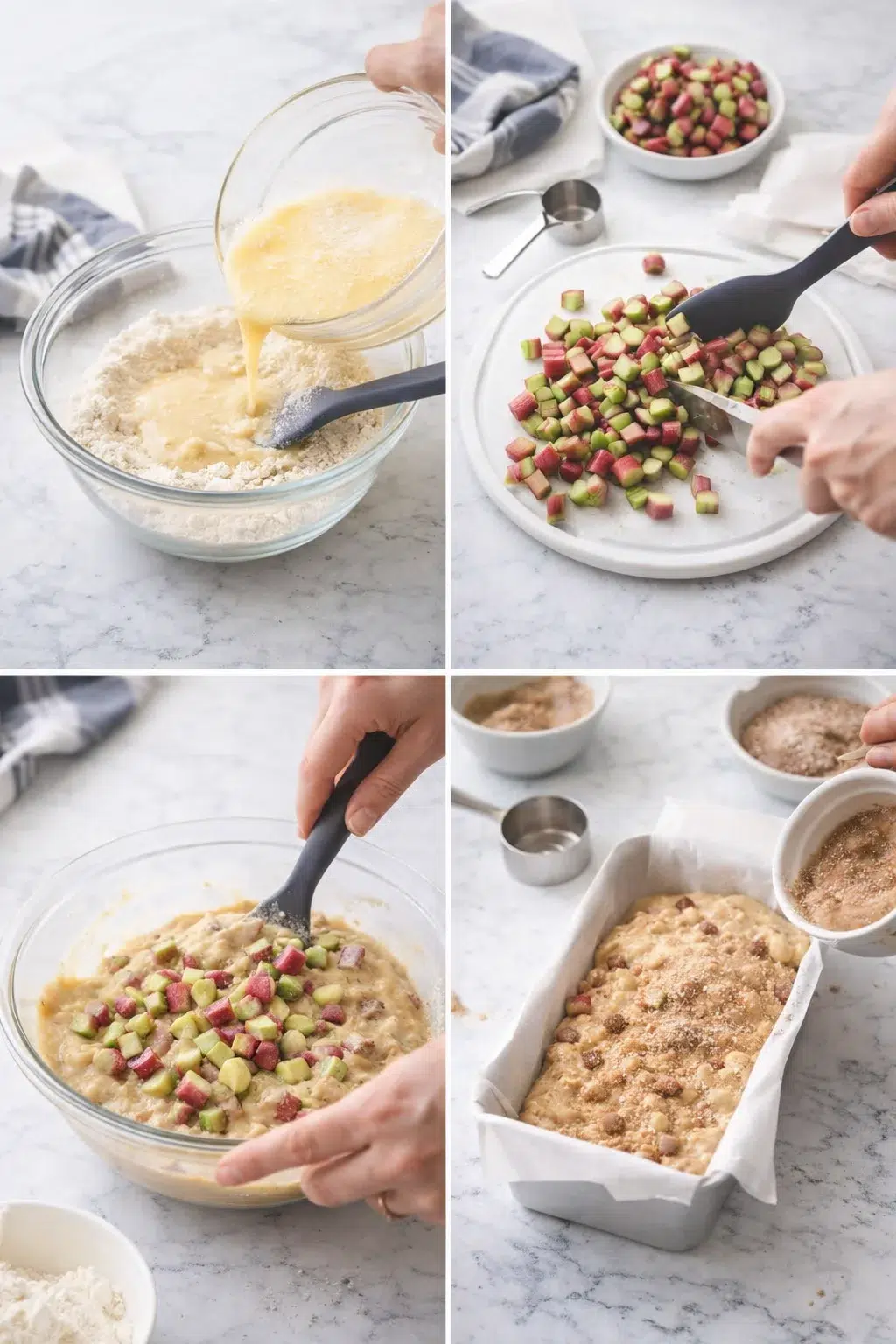 Four-panel collage showing rhubarb loaf baking steps: mixing batter, dicing rhubarb, folding in, and batter in a parchment-lined loaf pan.