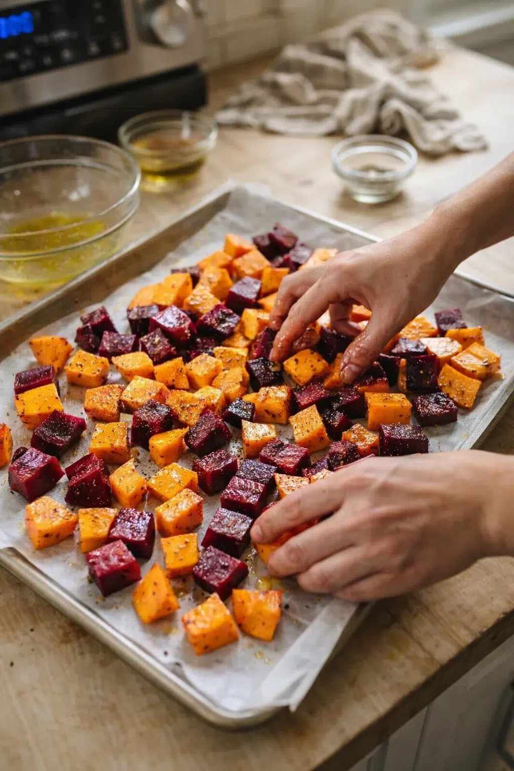 Hands arrange orange sweet potato and purple beet cubes on parchment-lined baking sheet.