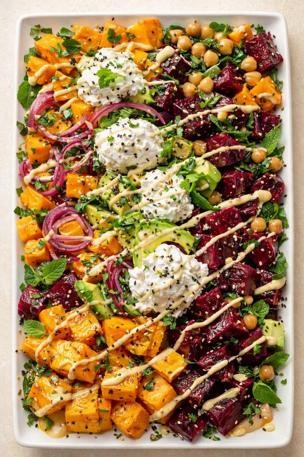 Colorful roasted beet and sweet potato salad with avocado, onions, chickpeas, and soft goat cheese on a white platter.