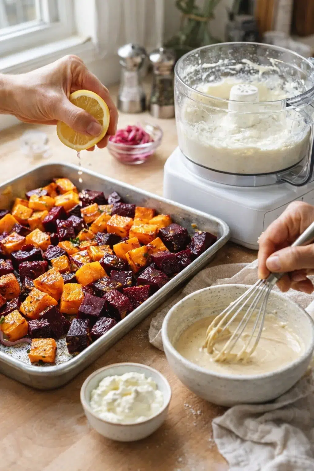 Hands squeeze a lemon over a tray of roasted beets and sweet potatoes; a blender and whisk nearby.