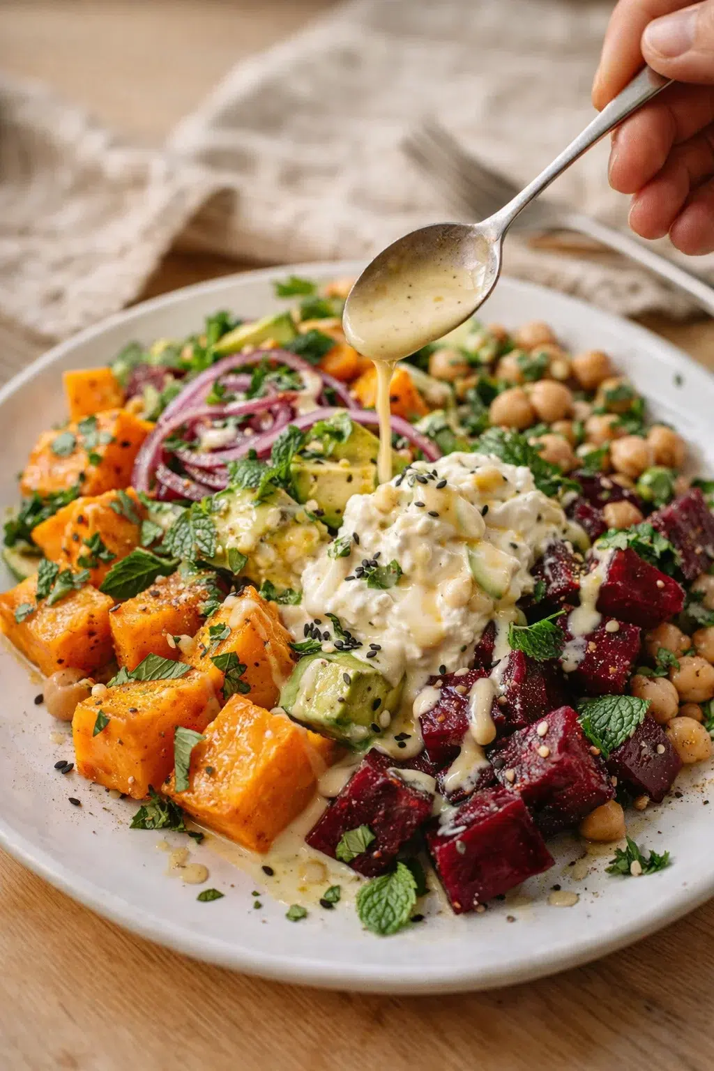 Colorful roasted vegetable bowl with sweet potatoes, beets, chickpeas, onions, and creamy dressing.