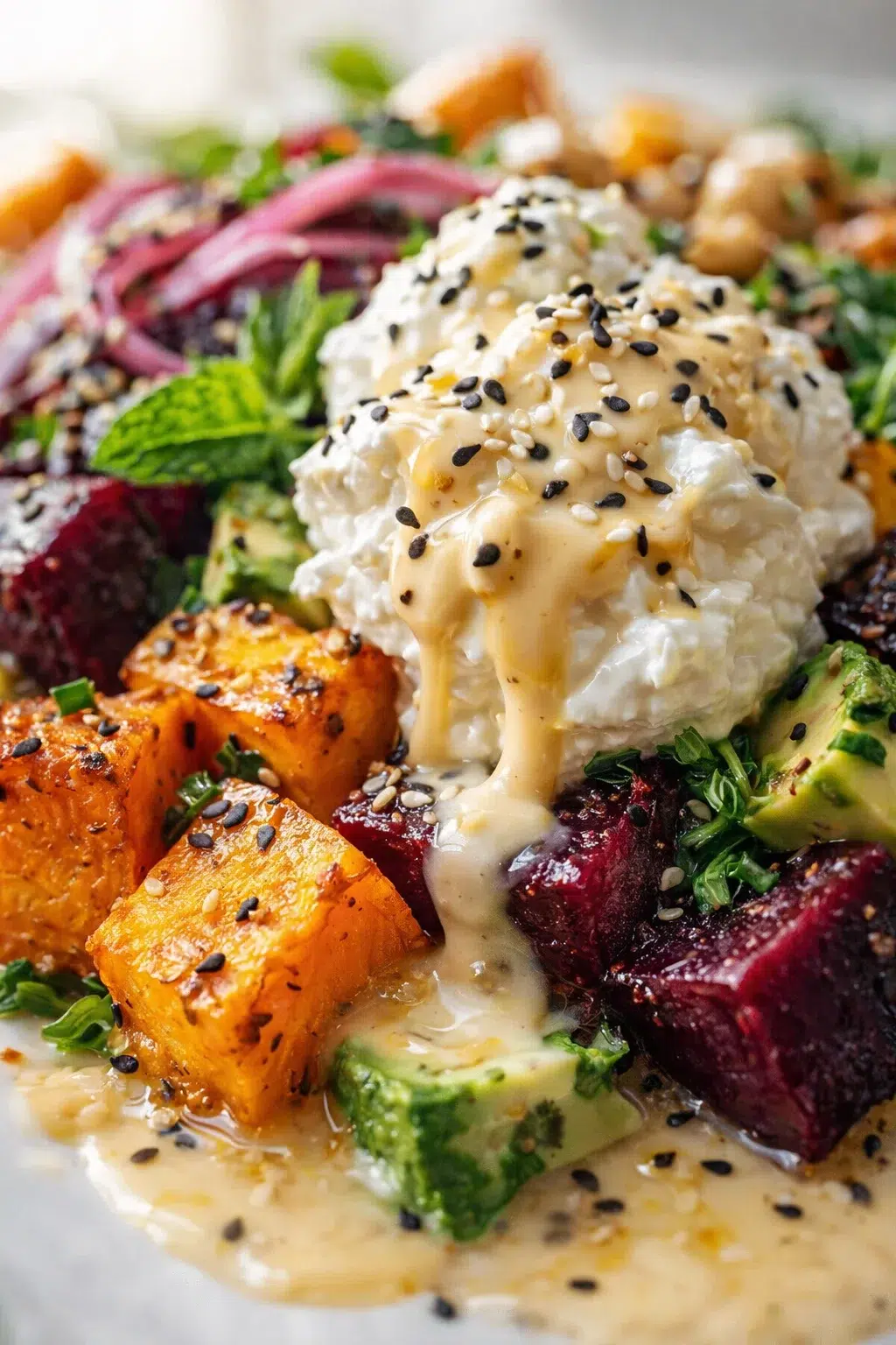 roasted sweet potato chunks, beets, avocado, greens around a mound of creamy sauce sprinkled with black and white sesame seeds
