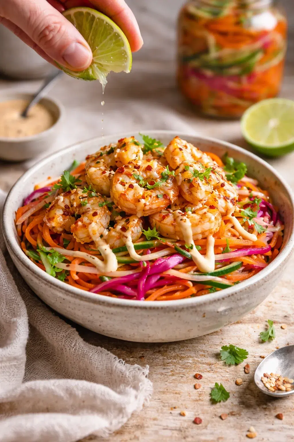 plated shrimp atop colorful spiralized veggie noodle salad with lime drizzle