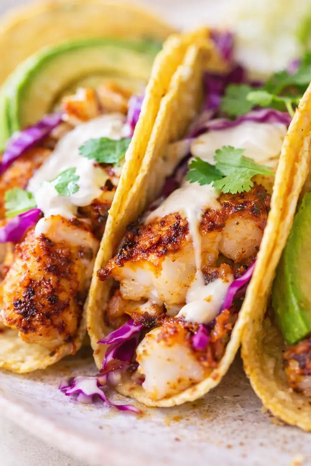Close-up of grilled shrimp in corn tortillas with purple cabbage, crema, avocado, and cilantro
