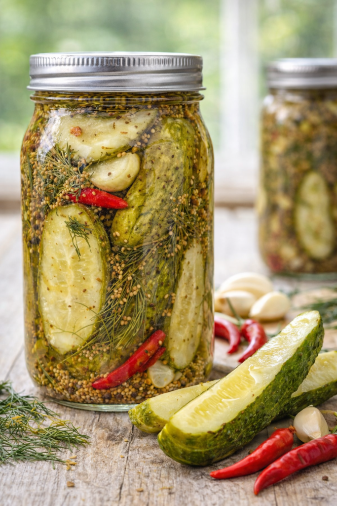 close-up of spicy garlic dill pickles in mason jar with chili peppers garlic and fresh dill