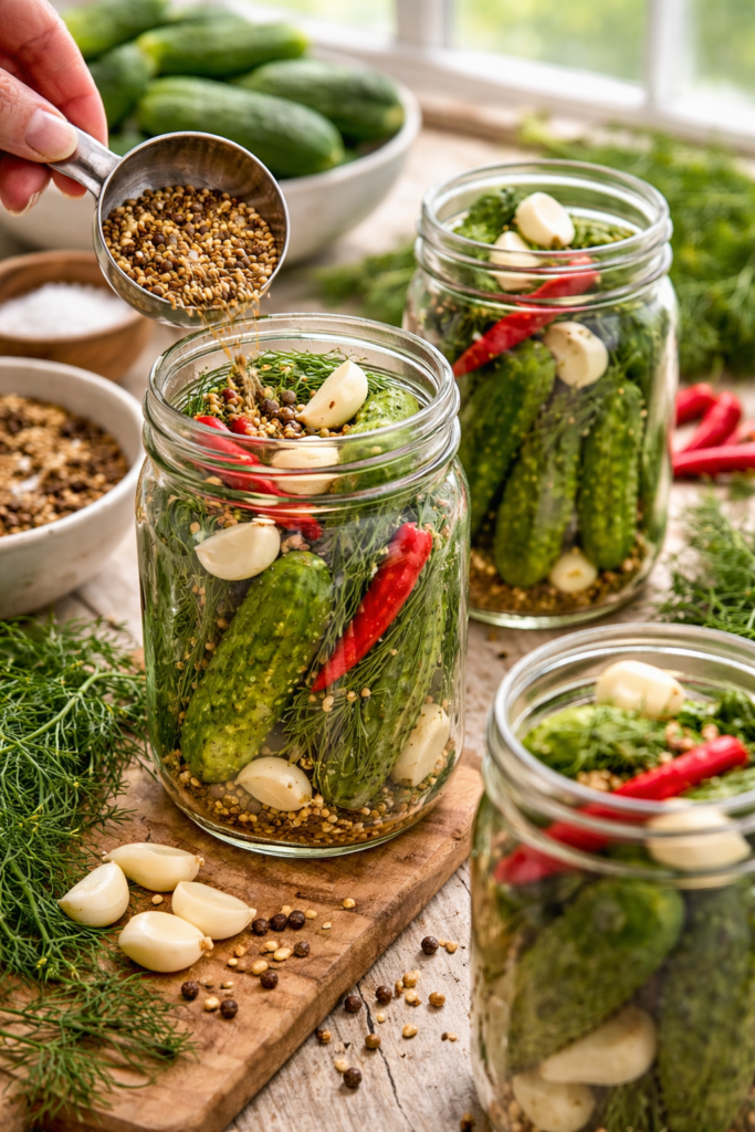 filling mason jars with cucumbers garlic dill and chili peppers for spicy garlic dill pickle recipe