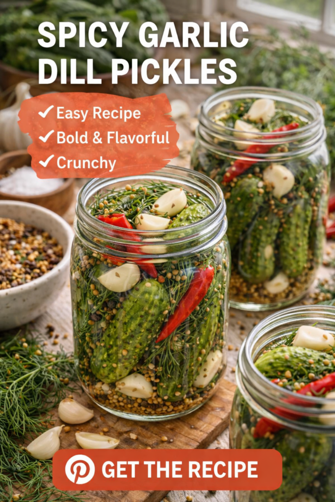 spicy garlic dill pickles in mason jars easy homemade recipe with garlic dill and chili peppers