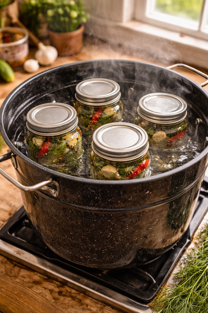 processing mason jars in water bath canner for homemade spicy garlic dill pickles with steam rising