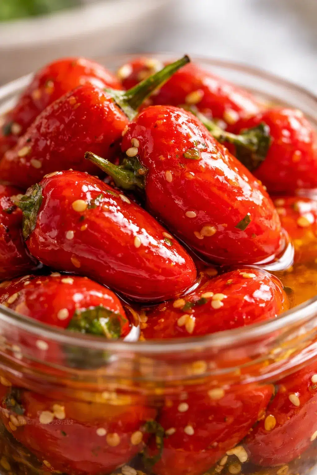 Close-up of glossy red chili peppers in oil with sesame seeds in a glass jar.