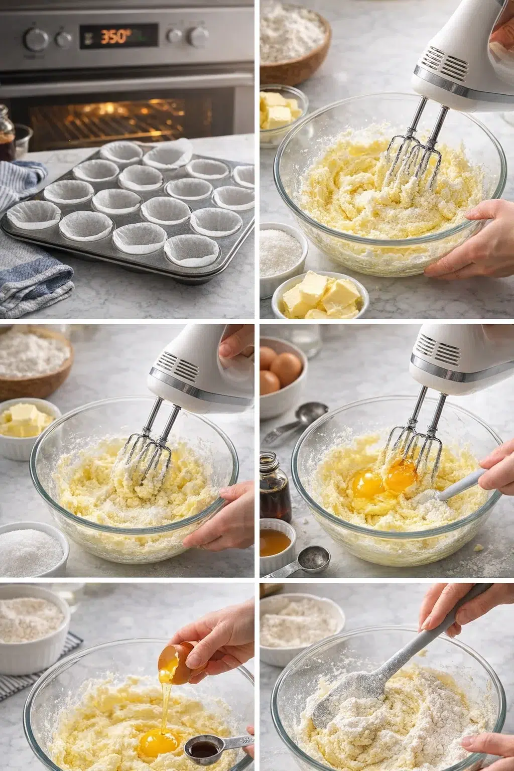 collage of eight baking-step images: lined muffin tin, creaming butter and sugar, eggs added, batter being mixed