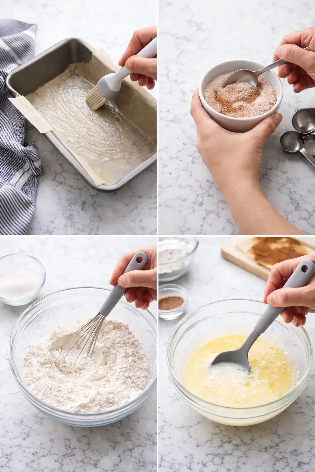 Four-panel collage showing hands brushing parchment, measuring sugar, whisking dry ingredients, and mixing wet batter.
